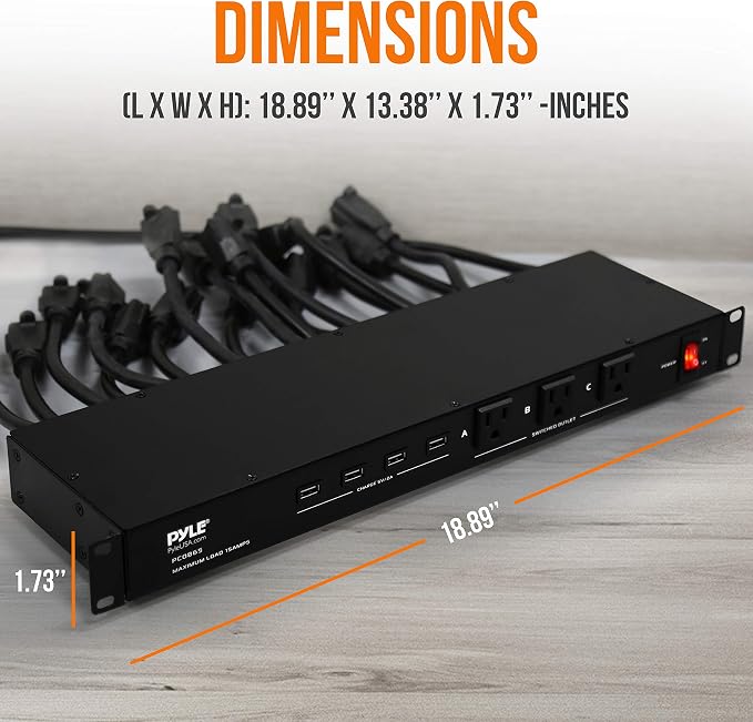 Pyle 19 Outlet 1U 19" Rackmount PDU Power Distribution Supply Center Conditioner Strip Unit Surge Protector 15 Amp Circuit Breaker 4 USB Multi Device Charge Ports 15FT Cord, Black - PCO865 | 15 Amp Circuit Breaker - 4 USB Ports - 15FT Cord - Power Supp...