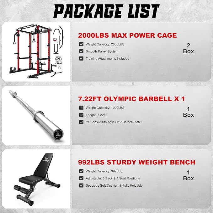 JELENS C12 Power Rack, 2000LBS Squat Rack with Cable Crossover System, Workout Cage with More Training Attachments for Home Gym