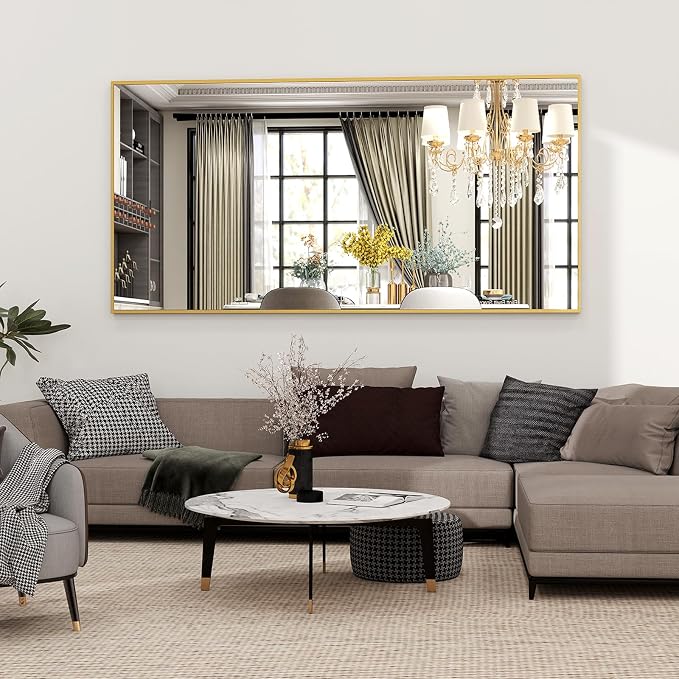 Easly Full Length Mirror with Stand 34"x76" Full Body Mirror Floor Mirror Standing Hanging or Leaning Wall, Wall Mirror with Stand Aluminum Alloy Frame for Living Room Bedroom Cloakroom,Gold