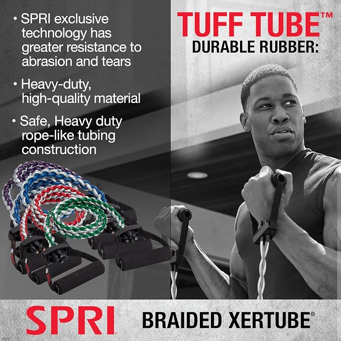SPRI Braided Xertube Resistance Band | Premium Braided Construction | Comfort Grip Handles | Home Gym Strength Training | Men & Women