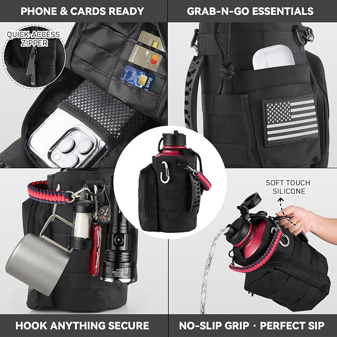 KXIAOCHEN Insulated Water Bottle with Strap, 48-Hour Cold, 2 Lids | Triple-wall insulation, lead-free 18/8 Stainless steel, paracord handle, carabiner clip, for gym, hiking, camping and travel