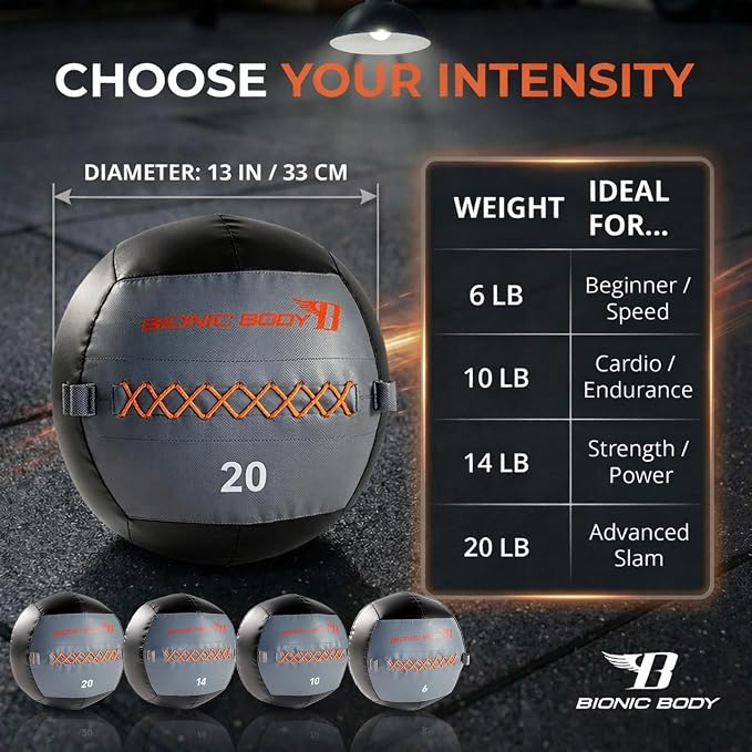 Bionic Body Soft Medicine Ball Weighted Slam Wall Ball for Cardio Workout and Core Training – Ideal for Squat, Lunge, and Partner Toss