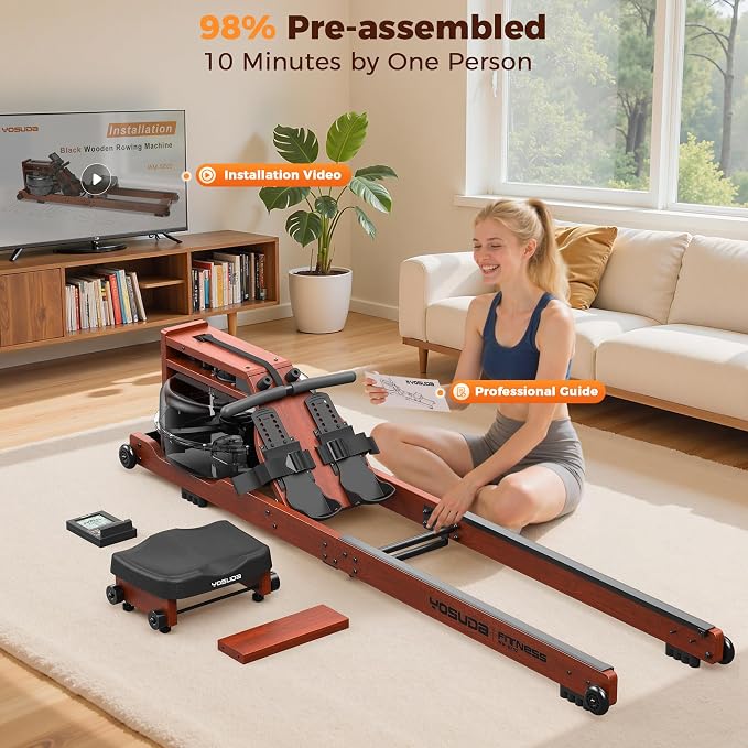 YOSUDA Water Rowing Machines for Home Use - Wooden Foldable Immersive Water Rower Machine 400LBS Weight Capacity with Dedicated Monitor & Bluetooth APP, Large Tank, Comfortable Seat