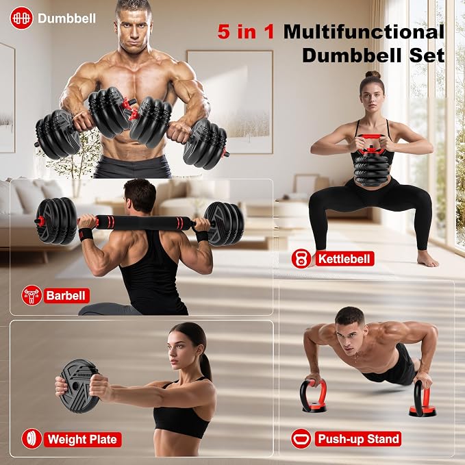 Adjustable Dumbbell Set, 20/30/45/70/90lbs, 5 in 1 Multi-Function Dumbbells | Converts to Barbell Kettlebell&Push up Stand, Free Weight Set for Home Gym Workout, Suitable for Men/Women Strength Training