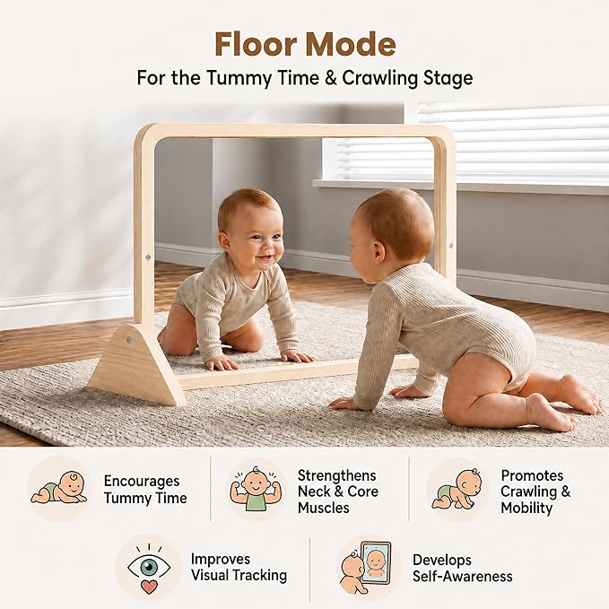 Woodtoe 3-in-1 Montessori Mirror with Bar, Adjustable Tummy Time Mirror 6M+ | Toddler Mirror & Pull Up Bar, Montessori Learning Toy for Baby 6-18 Months, Nursery Mirrors, Natural Wood Kids Furniture