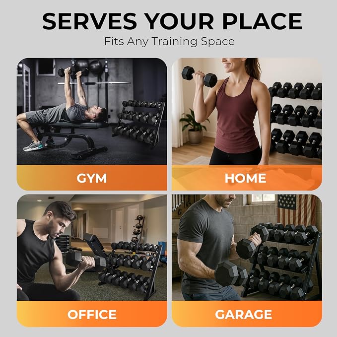 Rubber Hex Dumbbell Set with Rack, 8/10/12/15/20 Pair (450/550/780/1200/1550/2100 lbs total) Weight Rack with Dumbbells for Home Gym & Strength Training