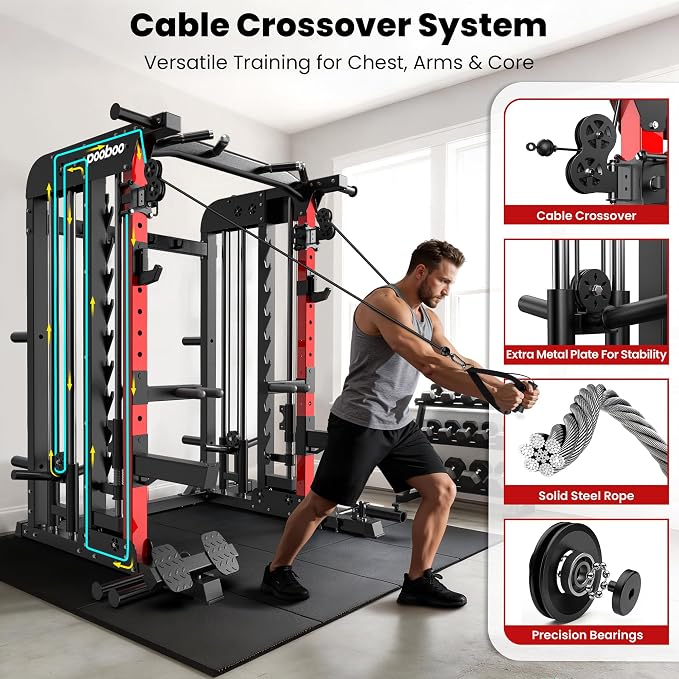 pooboo Multi-Functional Machine Power Cage, 2000LB Squat Rack, LAT-Pull Down System, Dual Pulley Cable Crossover System, Home Gym Workout Machine with Strength Training Attachments