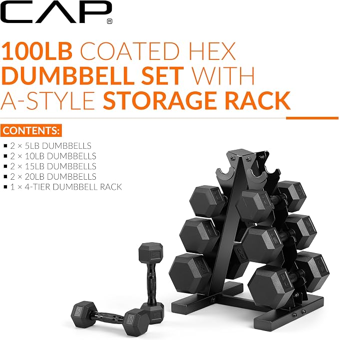 CAP Rubber Coated Hex Dumbbell Set with Storage Rack | 100–210 lb Options, Space-Saving Vertical Compact Storage for Home Gym Strength Training