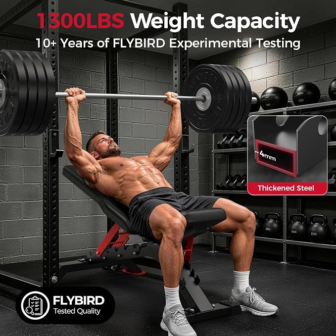 FLYBIRD WB7 Weight Bench, 1300LBS Commercial Adjustable Weight Bench, Workout Bench for Home Gym, Flat Incline Bench Press Heavy Duty Bench with 34'' Extra-Long Backrest and Easy-Roll Wheels
