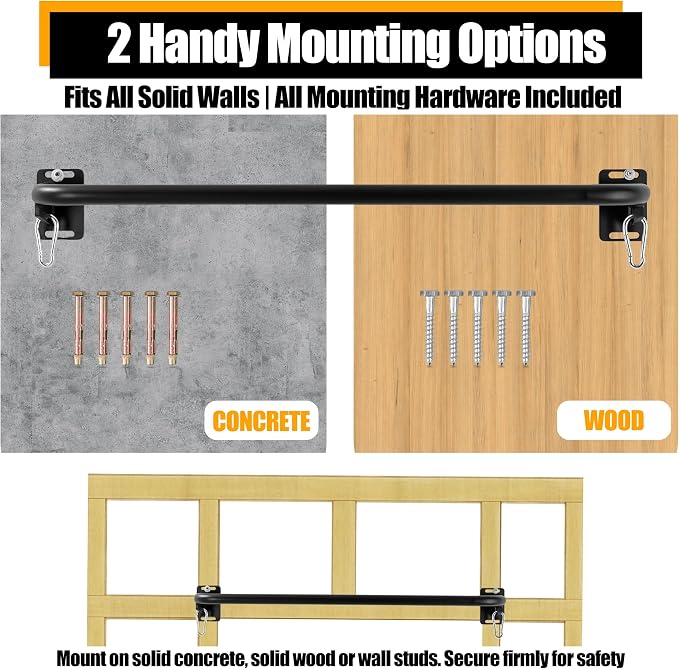 Wall Mounted Pull Up Bar, Carbon Steel Doorway Chin Up Bar for Home Gym | Reinforced plate supports fit joists and studs, creating a stable space-saving upper-body strength training station.