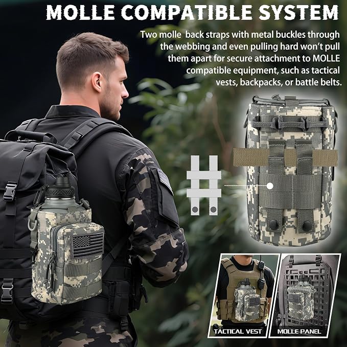 DEFUNX Half Gallon Water Bottle Insulated with Sleeve - Tactical 64 oz Stainless Steel Water Jug with MOLLE Water Bottle Pouch, Gym Water Bottles for Men Hiking Workout (ACU Camo)