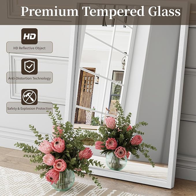 Syndra White Wood Frame Bathroom Mirror, 24''x36'' Modern Vanity Mirror for Wall, Waterproof Slim Deep Frame, Rectangular HD Tempered Glass Mirror for Living Room, Bedroom, Entryway, Rustic, Farmhouse