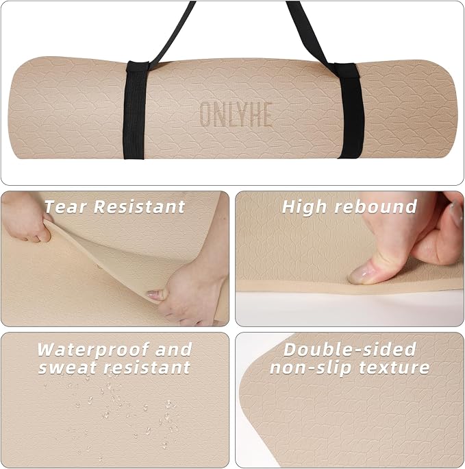 Yoga Mat Extra thick 8mm Exercise mat, Soft Lightweight TPE Fitness Mat with strap, High Elasticity, Anti-fatigue,non-slip mat for Women, Yoga, Camping, Travel, Gym & Outdoor | 72"L x 0.32"Th