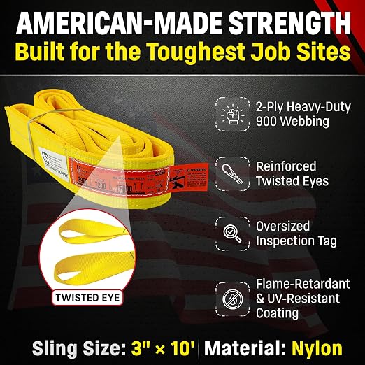 DD Sling 3 Inch x 10 Foot Nylon Lifting Sling – USA Made, 8,900 lb Vertical, 7,200 lb Choker, 17,800 lb Basket – 2-Ply Heavy Duty 900 Webbing, Type 4 Twisted Eye & Eye Rigging Sling