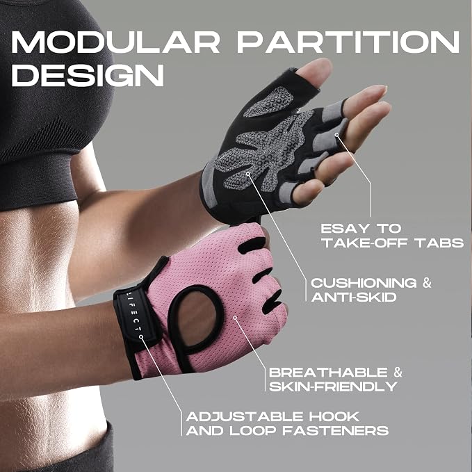 LIFECT Essential Breathable Workout Gloves, Weight Lifting Fingerless Gym Exercise Gloves with Curved Open Back, for Powerlifting, Women and Men