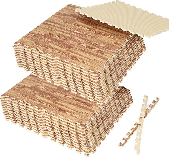 Giantex 24 Pcs Faux Wood Grain EVA Foam Tiles, 24"x24" Interlocking Floor | 96 Sq. Ft Puzzle Exercise Mats with 48 Borders, 0.4" Thick Waterproof Anti-Slip Flooring for Home Gym, Basement, Light Oak