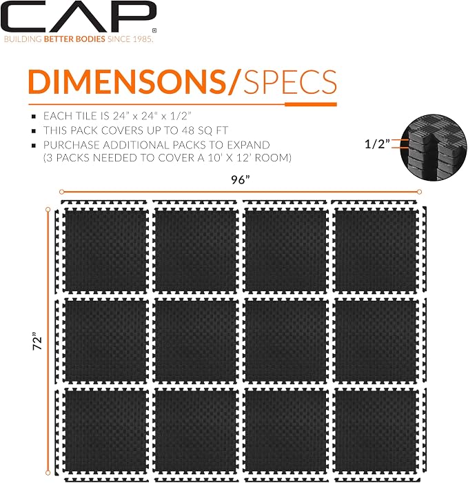 CAP Puzzle Exercise Mats | 1/2” Thick EVA Interlocking Foam Tiles for Home Gym Flooring | Multiple Options