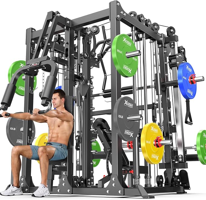 Smith Machine，Multi-Function Squat Rack Power Cage with Cable Crossover System,with Optional Weight Bench, Olympic Barbell Weight Set, for Home Gym