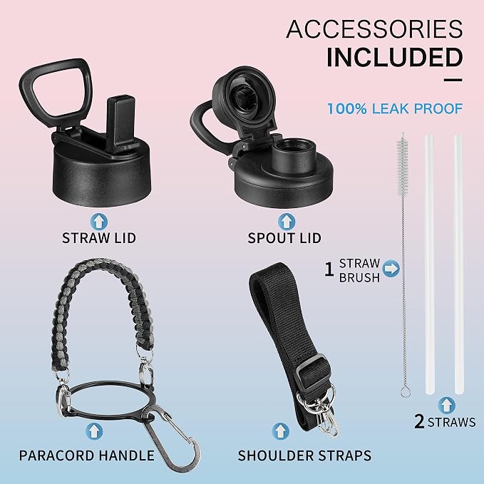 KXIAOCHEN Insulated Water Bottle with Strap, 48-Hour Cold, 2 Lids | Triple-wall insulation, lead-free 18/8 Stainless steel, paracord handle, carabiner clip, for gym, hiking, camping and travel