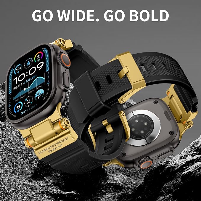 Band Compatible with Apple Watch Ultra 3/2/1 Band 49/46/45/44mm | Metal Connector with Silicone Rugged Strap for iWatch Ultra Series 11/10/9/8/7/6/SE3/SE2/SE/5/4/3/2/1, Gold Black