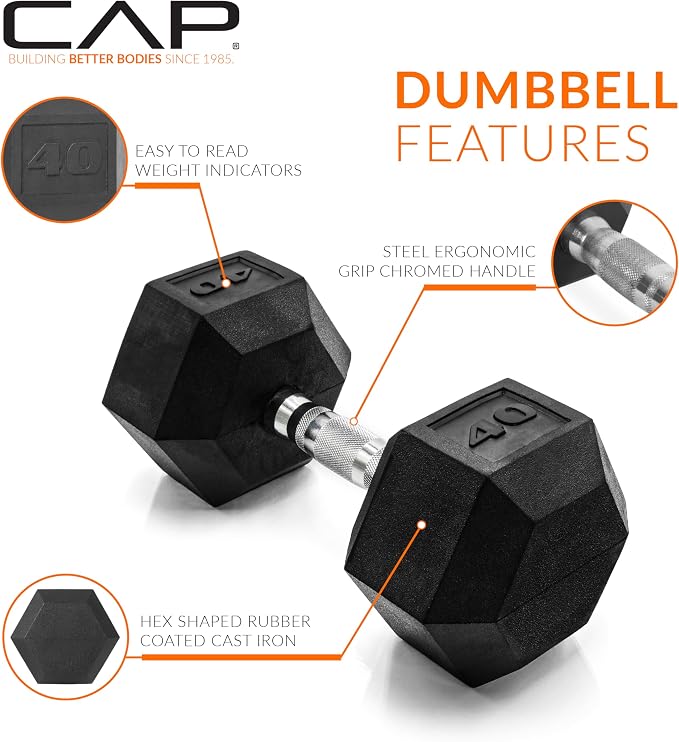 CAP Rubber Coated Dumbbell Weights, Free Weights for Home Gym Strength Training, Anti-Roll Hex Dumbbells with Black, Chrome & Comfort Grip Handles, Pairs & Sets