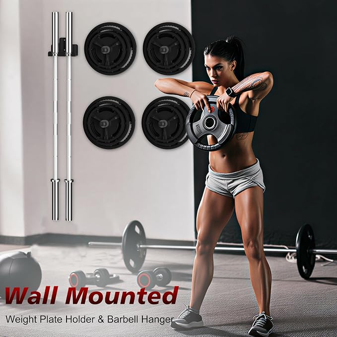 Wall Mounted Weight Plate Holder, 4 Pack, with 1 Pack Barbell Hanger | Fits 2" Weight Plates, Heavy-Duty Steel, Smooth End, Protective Rubber Pad, Space Saving for Home Gym Garage Organizer
