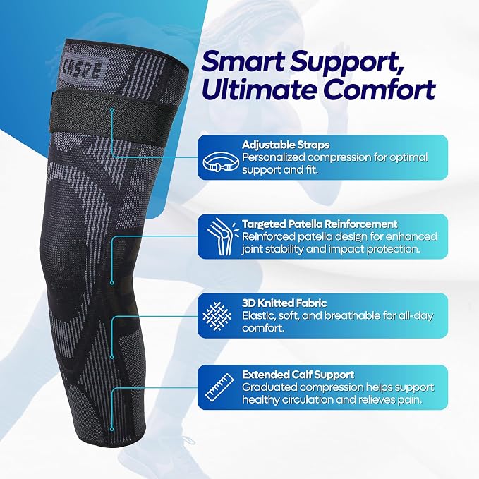 Caspe Leg Compression Sleeve With Strap, Full Length Thigh Knee Calf Support, Knee Compression Sleeve Women & Men, Full Leg Support for Light Recovery, Daily Wear