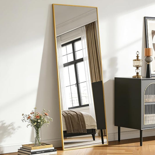 Antok Full Length Mirror, 58"x19" Floor Mirror with Stand, Hanging Mounted Mirrors for Bedroom, Living Room, Cloakroom, Dining Room, Gold, Rect