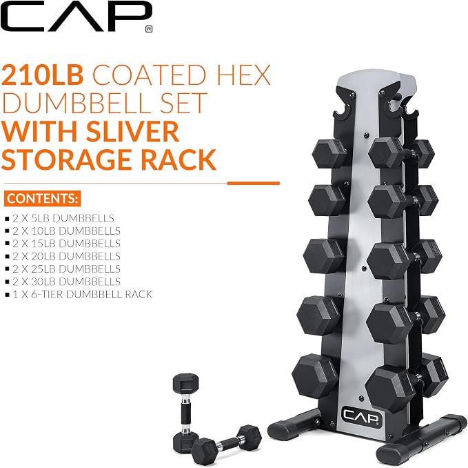 CAP Rubber Coated Hex Dumbbell Set with Storage Rack | 100–210 lb Options, Space-Saving Vertical Compact Storage for Home Gym Strength Training