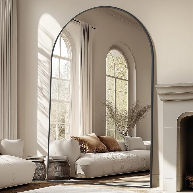 MirrMuse Oversized Arched Full Length Mirror with Stand, 76"X44", Black | Tempered Glass, Free Standing, for Bedroom Living Room Clothing Store Gym, Aluminum Alloy Frame, Hanging or Leaning