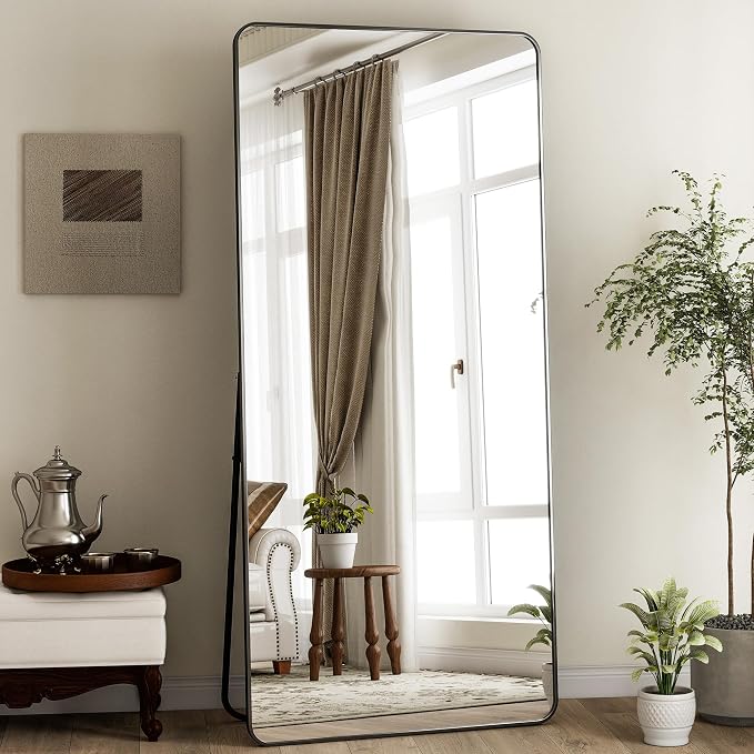 BEAUTYPEAK 76" x 34" Rounded Corner Full Length Mirror with Stand, Black | Aluminum Alloy Frame with Standing, Leaning, or Wall-Mounted, Ideal for Bedroom, Dressing Room, Entryway, and Living Room