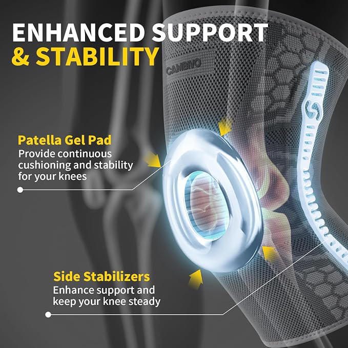 CAMBIVO Knee Brace for Men & Women, 2-Pack Compression Sleeve with Gel Pad | Patella Gel Pad with Side Stabilizers for Knee Pain Relief. Ideal for Running, Weightlifting & Arthritis, Workout, Daily Use