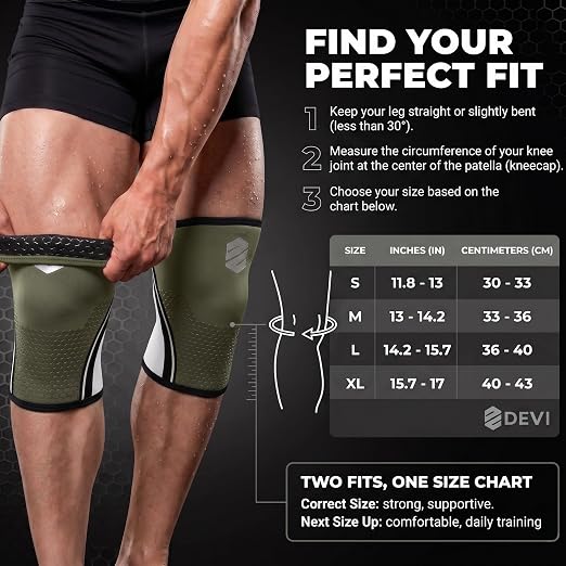 Knee Sleeves 7mm for Weightlifting, Squats, Fitness, Powerlifting, with Advanced 2025 Anti-Slip Design, Premium Neoprene, Constant Compression Brace, Gym Training Support - 1 PAIR - Men Women – DEVI (Green, X-Large)