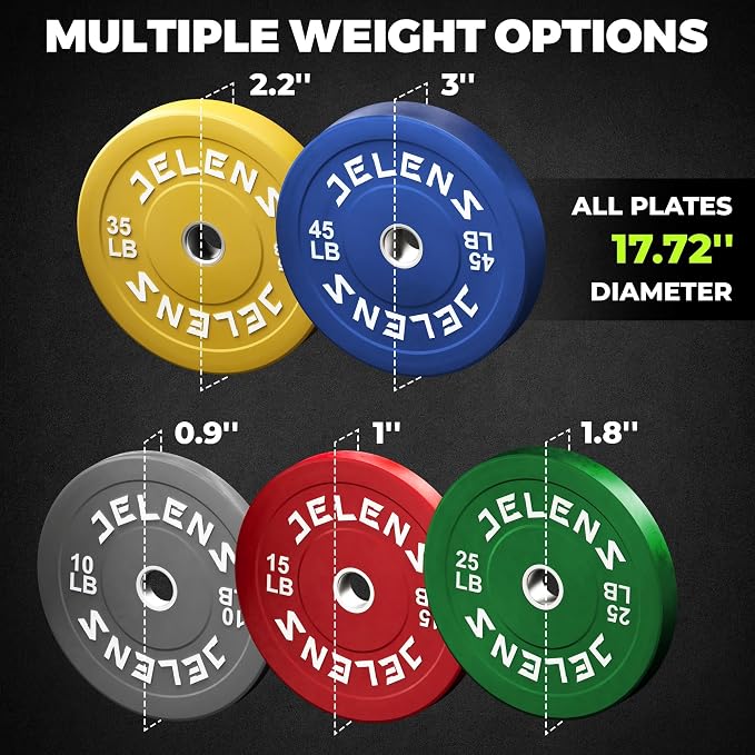 JELENS Olympic Barbell Weight Plates Set, 2-Inch Black/Colored Rubber Bumper Plate Weight Set for Strength Training and Weightlifting, Multiple Options
