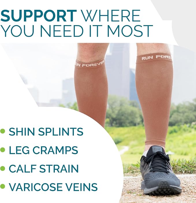 Run Forever Calf Compression Sleeve for Men & Women, 20-30mmHg Compression | Leg Sleeve for Shin Splints, Varicose Veins, Swelling & Pain Relief | Footless socks for Running, Cycling & Travel