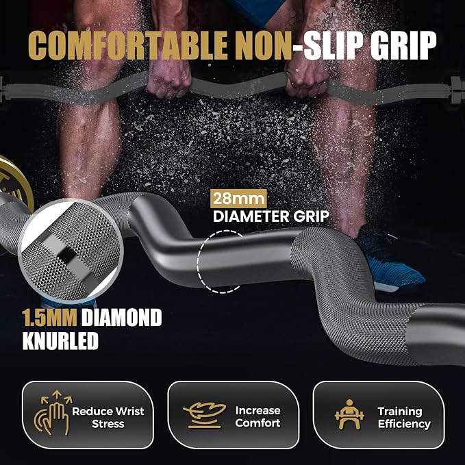 47” Solid Steel Olympic Curl Bars, 500LB | EZ and Super EZ curl bars with knurled grips, rotating sleeves, solid steel build, and 2-inch Olympic plate compatibility