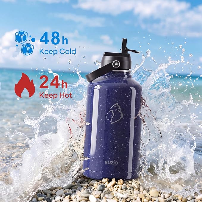 BUZIO 64 oz Insulated Stainless Steel Water Bottle with Dust-proof Lids | Half Gallon Water Jug (Dishwasher Safe), Cold for 48 Hrs, Triple Wall with Copper Plating, for Gym, Hiking, Camping, Black