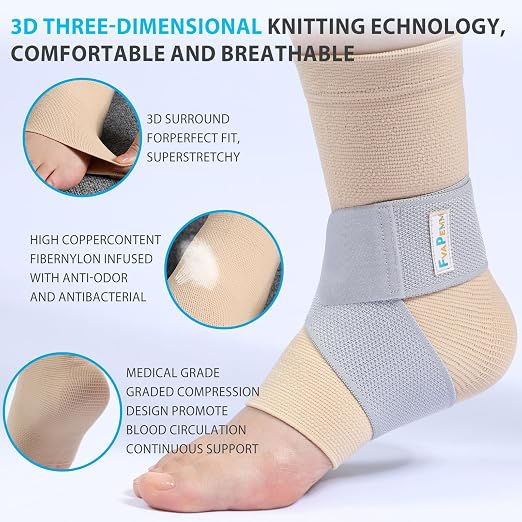 Copper Ankle Brace for Women Men 2 Pack Ankle Compression Sleeve Support for Sprained Ankle, Plantar Fasciitis Relief & Achilles Tendonitis Brace, Sports, Running, Nude, M