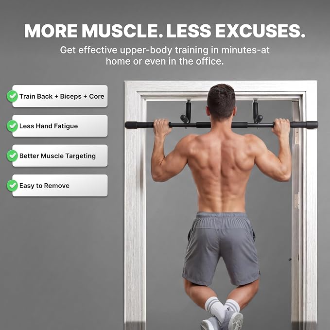 DMoose Fitness Pull Up Bar for Doorway - Upto 250 Lbs Capacity, No Screwing or Slipping, Hanging Pullup & Chin Up Bar for Door Frame - Multi Padded Grips for Strength Training with Installation Guide
