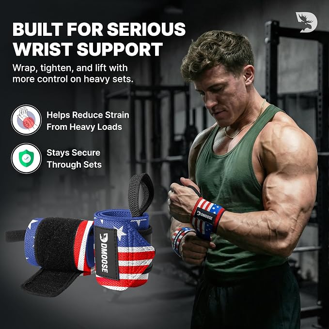 DMoose Fitness Wrist Wraps for Weightlifting 18" - Heavy Duty Gym Wrap with Hand Thumb Loop for Support & Pain Relief, USPA Approved Powerlifting, Weight Lifting Wrist Straps for Men & Women Work Out