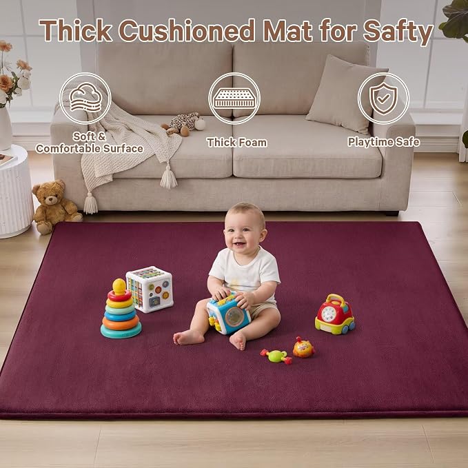Baby Play Mat for Floor,Ultra Thick Elastic Foam 50"x50" Playmat Tummy Time Muscle Crawling Exercise Activity Cushion Gym Mat Nursery Playroom Area Kids Rug for Babies, Toddlers,Infants,Burgundy