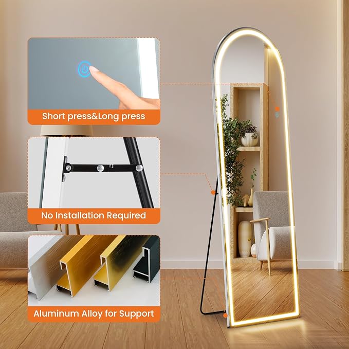 Sweetcrispy Arched LED Full Length Floor Mirror, 60"x16" Full Body Mirror | Standing Mirror with Dimming & 3 Color Lighting, Shatterproof Tempered Glass, Wall Hanging or Leaning for Home Decor, White