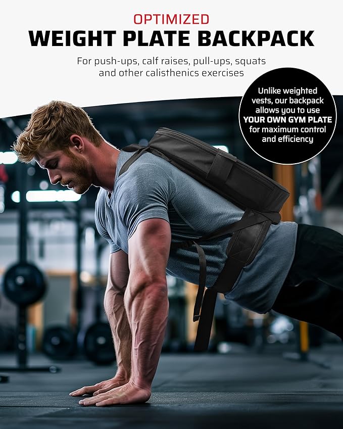 THEFITGUY Weighted Backpack for Gym Plate - for Pushups, Pullups, Squats | Fits Up to 17.5” Diameter, 2.5” Thick Plate, Wear on Back or Front, Padded Straps & Secure Buckles - For Home & Gym
