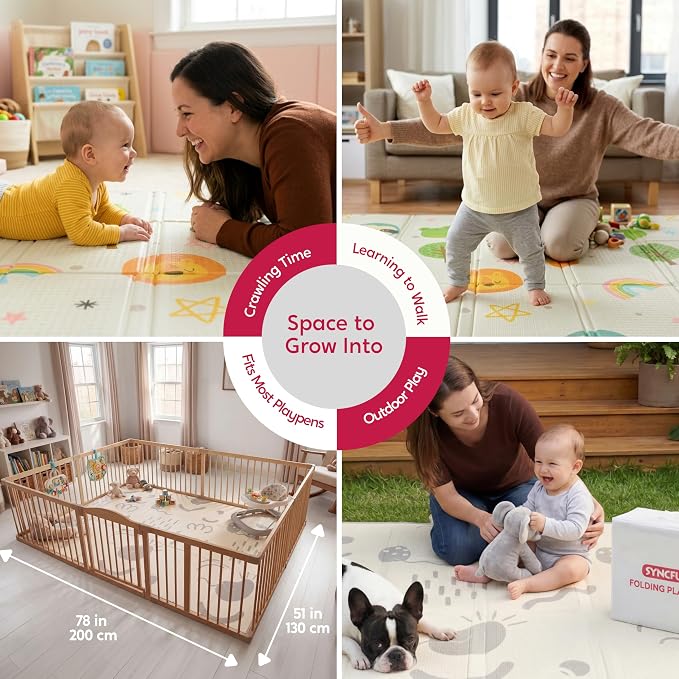 Baby Play Mat – Foldable 78"x51" XPE Foam Baby Floor Play Mat with Fabric Surface, Double-Sided Cute Print, Soft Non-Slip Tummy Time, Play Mat for Babies 0-12 Months, Nursery, Playroom, Living Room