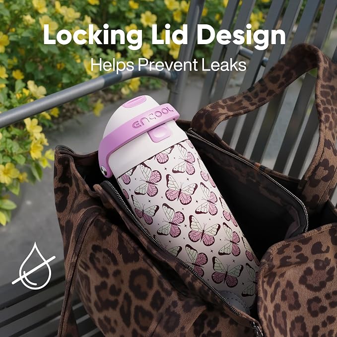 ENCOOL Leakproof Insulated Water Bottle with Straw Dual-Sip Water Bottle Bag-Safe Design for Work, Commute & Gym – Keeps Drinks Cold All Day, 32 oz, Blush Butterfly