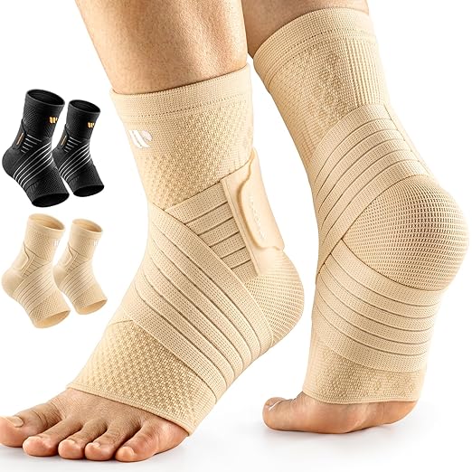 Low-Profile Ankle Brace for Women & Men, Customizable Ankle Compression Sleeve w/Wide Strap, Foot Support Wrap for Plantar Fasciitis Pain Relief, Achilles Tendonitis, Sprain, Beige, 1 Pair, XXL