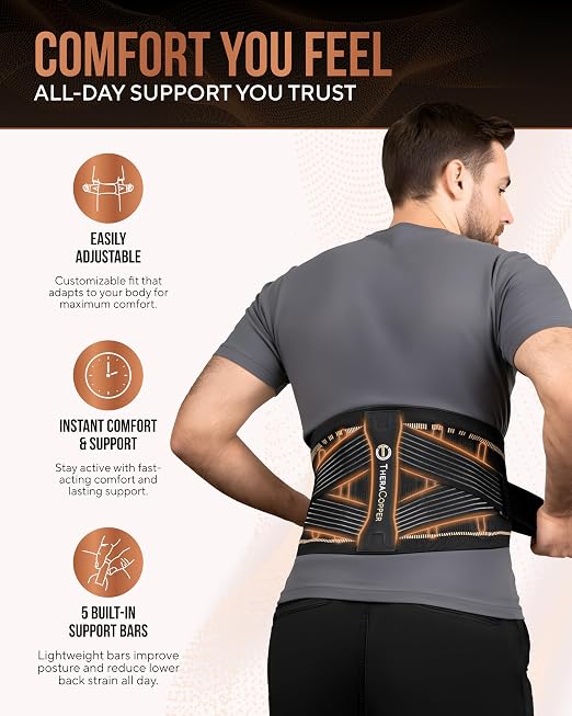 TheraCopper Copper Back Brace for Men & Women — Lumbar Support Belt for Lower Back Pain, Sciatica & Herniated Disc — Infused Copper Back Support with Adjustable Compression (Large)