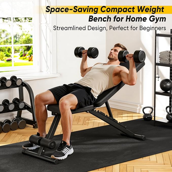 Adjustable Weight Bench for Home Gym, 600LBS Capacity Foldable Workout Bench with 7 Backrest Positions for Full Body Exercise, Compact for Small Spaces, Incline Decline Flat Bench with Quick Adjustment & Easy Folding