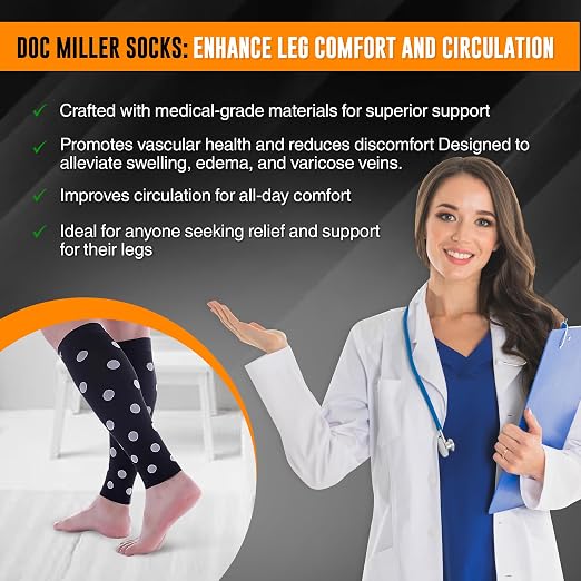 Doc Miller Calf Compression Sleeves 20-30 mmHg for Women & Men, 1 Pair | Footless Compression Socks, Polka Dots Design, Shin Splints Relief, Varicose Veins, Running, Nurses, Travel, Leg Support