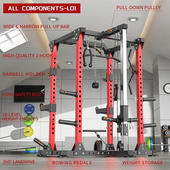 Power Rack Power Cage Multi-Function Squat Rack with Cable Crossover System Selectable More Training Attachment Power Rack for Garage & Home Gym